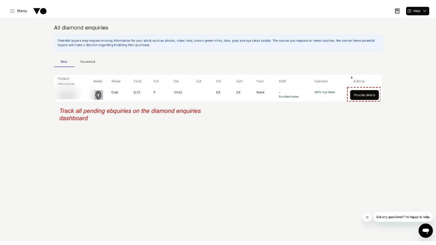 All pending enquiries are listed on the Diamond Enquiries dashboard — click Provide Details to respond.