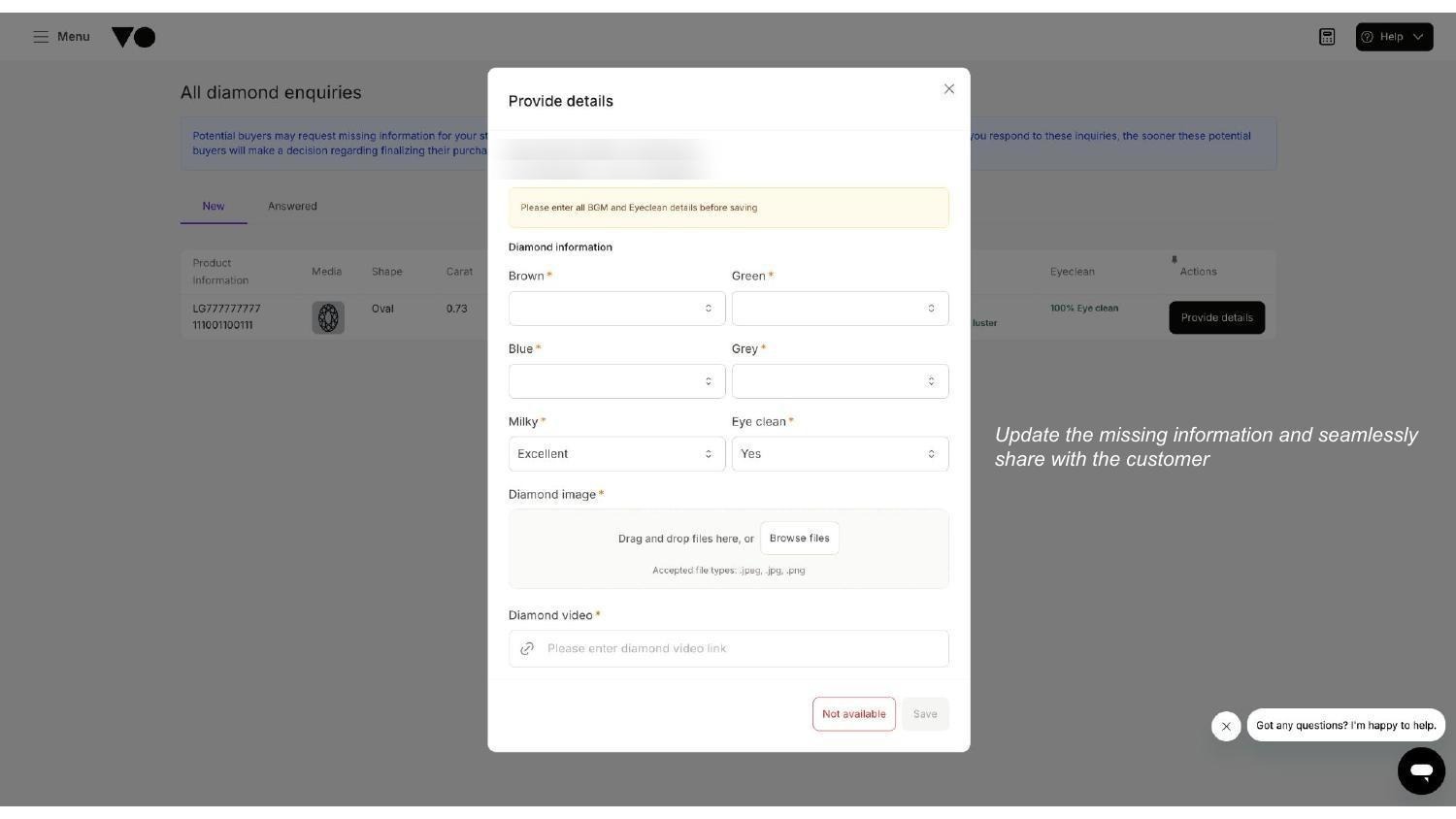 Upload your video link and diamond image directly from the Provide Details panel.